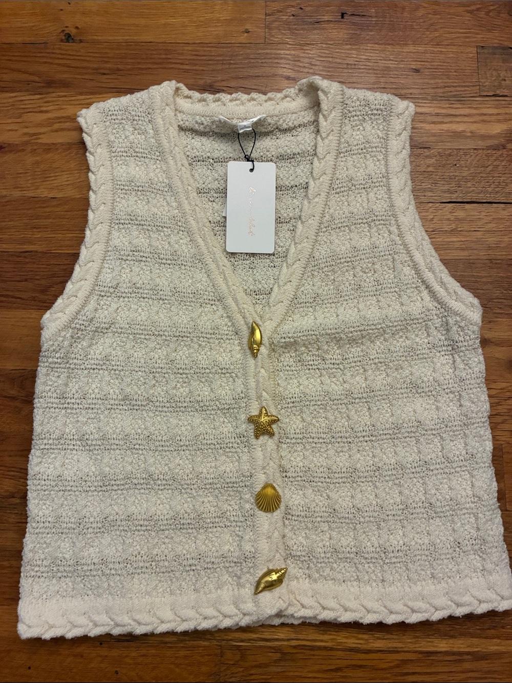 Line & Dot Cream Cable-Knit V-Neck Sweater Vest with Gold Shell & Star Buttons